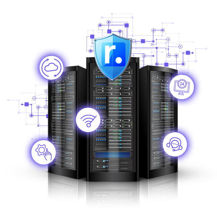 3D rendered image of a server rack with neon blue cloud and Linux penguin icons floating around, glowing with futuristic lights