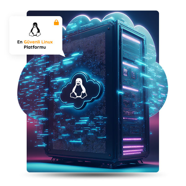 3D rendered image of a server rack with neon blue cloud and Linux penguin icons floating around, glowing with futuristic lights