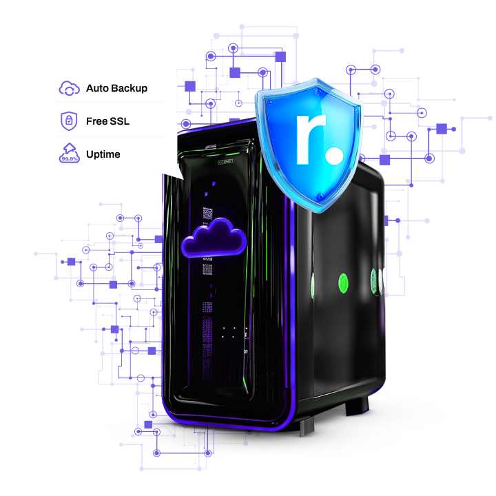 3D rendered image of a server rack with neon blue cloud and Linux penguin icons floating around, glowing with futuristic lights